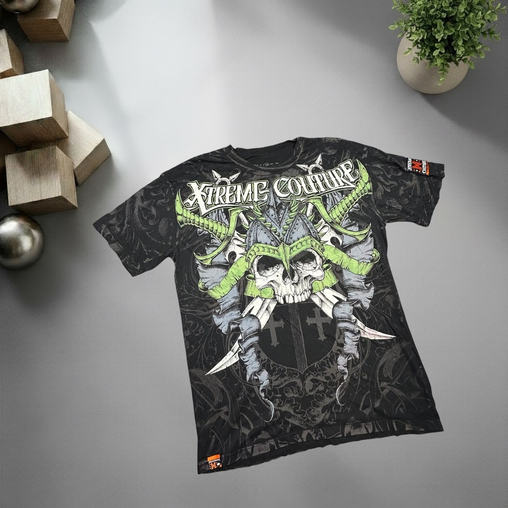 Xtreme Couture by Affliction Mens XL Black‎ Green Skull Graphic T-Shirt Y2K MMA